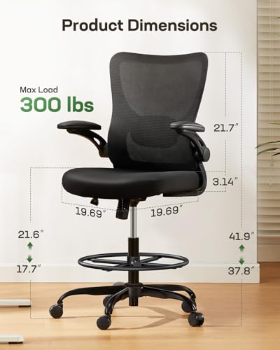 Marsail Drafting Chair, Tall Office Chair with 2D Lumbar Support, Standing Desk Chair with Padded Flip-Up Armrests & Adjustable Footrest Ring, Black