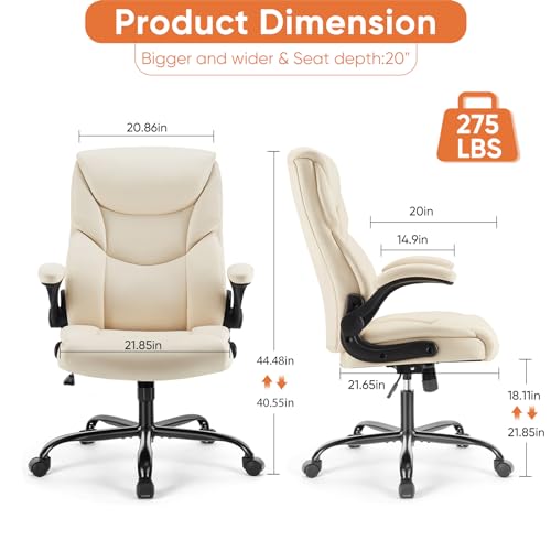 Sweetcrispy Ergonomic Office Chair - Heavy Duty Task Desk Chair with Flip-up Armrest, PU Leather, Height Adjustable & Swivel Rolling Chair with Wheels, Beige