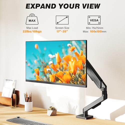 5Rcom Single Monitor Arm for 13 to 35 Inch Screens, Fully Adjustable Heavy Duty Monitor Mount Holds up to 22 lbs, Fast Install Computer Monitor Stand withCable Management Design, Black