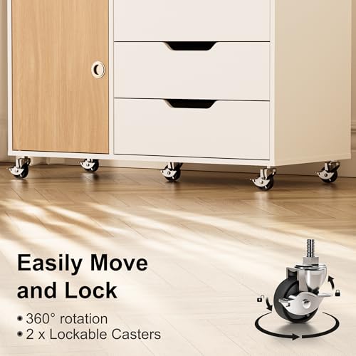 5 Drawers Mobile File Cabinet with Door, Rolling File Cabinet Printer Stand Table Craft Storage Cabinet, Under Desk Wooden Filing Cabinets for Home Office Essentials Storage Organization Furniture