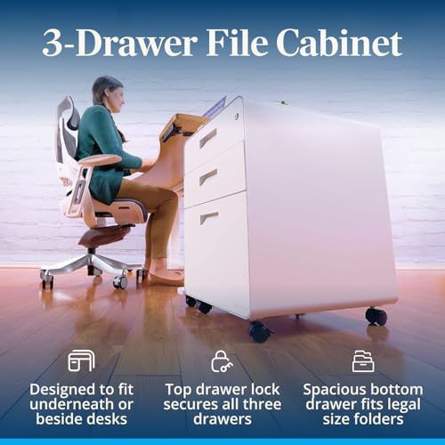 UPLIFT DESK 3-Drawer Mobile File Cabinet - Steel Rolling Filing Cabinet with Lock, Soft-Close Top Drawer, Letter & Legal Size File Storage, Easy Assembly for Home Office (Industrial)