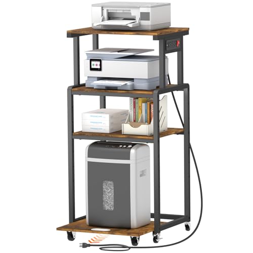Lifewit 4 Tier Printer Stand with 3 Power Outlets, Wheels and Adjustable Storage Shelf for Home Office, Rolling Printer Cart for Shredder, Scanner, Fax, Hold 340lbs, Rustic Brown