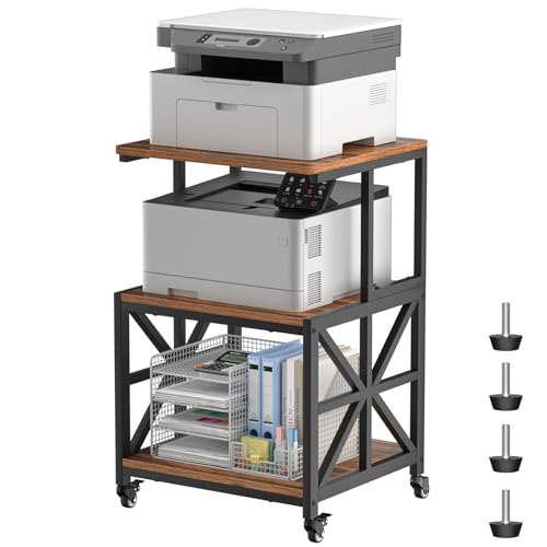GreenForest Printer Stand with Lockable Wheels, Heavy Duty Printer Table with 3-Tier Storage Shelf for Home Office, Mobile Printer Cart for Small Spaces, 19.7"x17.7", Walnut