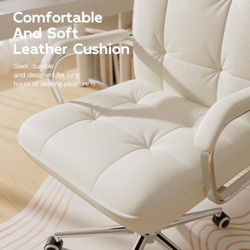 HomeZeer White Office Chair, Mid Back Leather Desk Chair with Wheels and Padded Arms, Swivel Vanity Chair for Bedroom, Computer Chair for Study and Work