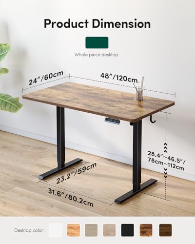 CubiCubi 48 x 24 Large One-Piece Standing Desk, Adjustable Height Electric Computer Home Office Sit Stand up Workstation, with 4 Memory Presets, Headphone Hook, Rustic Brown
