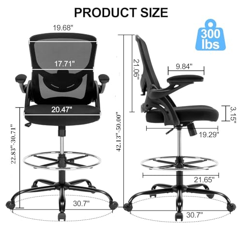 Drafting Chair, Tall Office Chair for Standing Desk, Ergonomic Standing Desk Chair with Flip-up Armrests, Counter Height Office Chair with Footrest and Adjustable Lumbar Support