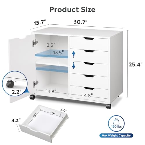 DEVAISE 5-Drawer Wood Drawer Cabinet, Office Storage Cabinet with Adjustable Shelf & Wheels, Printer Stand for Home Office, White