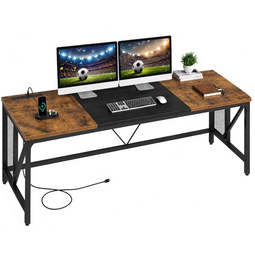 YATINEY 70.9" Computer Desk with Power Outlets, Gaming Desk, Large Office Executive Desk Workstation, Business Furniture for Home Office, Study, Rustic Brown and Black DN18UBR
