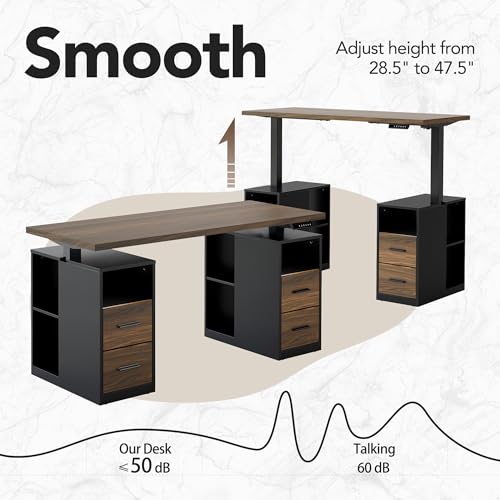 HUANUO 55" Standing Desk with Drawers, Executive Electric Height Adjustable Stand Up Desk with Storage, Computer Workstation for Home Office, Black Walnut