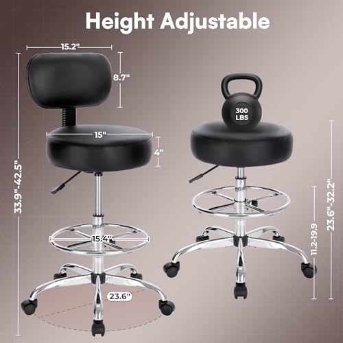 SUPERJARE Drafting Chair with Back, Adjustable Foot Rest Rolling Stool, Multi-Purpose Office Desk Chair, Thick Seat Cushion for Home Bar Kitchen Shop - Black