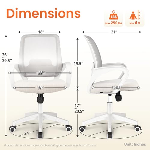 NEO Chair Office Desk Computer Ergonomic Chair Comfy Mid Back Mesh Seat with Lumbar Support Adjustable Height Swivel Rolling Wheels for Home Task Vanity Study Bedroom (Ivory-White Frame)