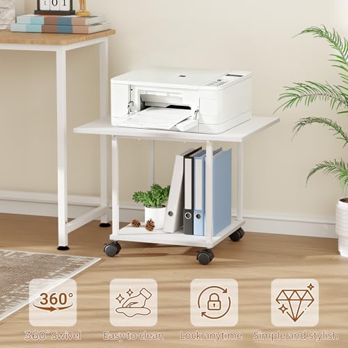 BEWISHOME 2-Tier Industrial Mobile Printer Stand, Rolling Cart with Storage Shelf, Lockable Wheels, for Home, Office (White) BDZ01W