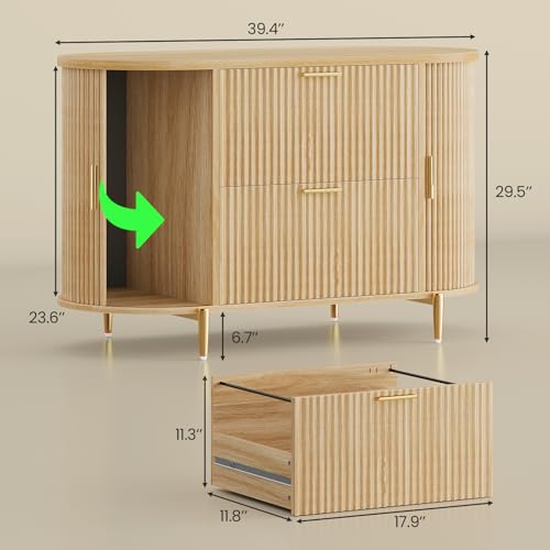 SEDETA 2 Drawer File Cabinet, 39.4" Filing Cabinet for Home Office, fit Legal/Letter/A4 Size, Modern Fluted Filing Cabinets with 2 Sliding Door Storage, Printer Stand, Natural