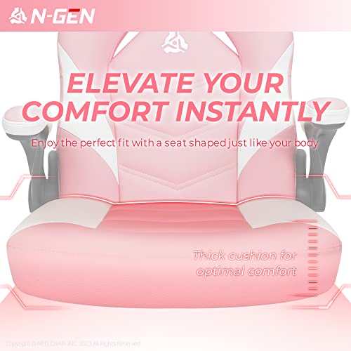 N-GEN Video Gaming Chair Ergonomic Computer Desk Office Chair with Lumbar Support Adjustable Height Swivel Wheels Flip-Up Arms PU Leather Home and Office (Pink)