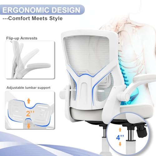 QLTPLUS Office Chair for Long Hours & Lower Back Pain Relief – 4" Thick Molded Foam Cushion, Padded Lumbar Support and Flip-up Armrests, Ideal for Office or Study (Modern, White)