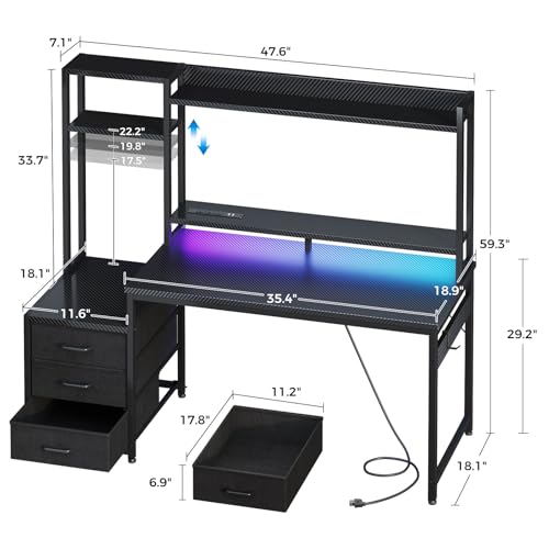 Casaottima 48 Inch Gaming Desk with Hutch & 3 Fabric Drawers, Computer Desk with USB Ports & LED Lights, Reversible Pc Gamer Table with Monitor Stand for Home Office, Carbon Fiber Black