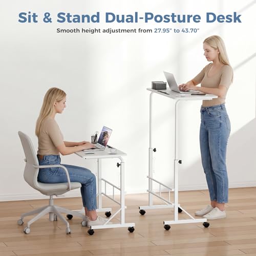 DUMOS 31.5" Adjustable Height Mobile Desk with Locking Wheels & Pin-Lock, Portable Workstation for Walking Pad & Active Home Office, Small Bedroom Desk, White