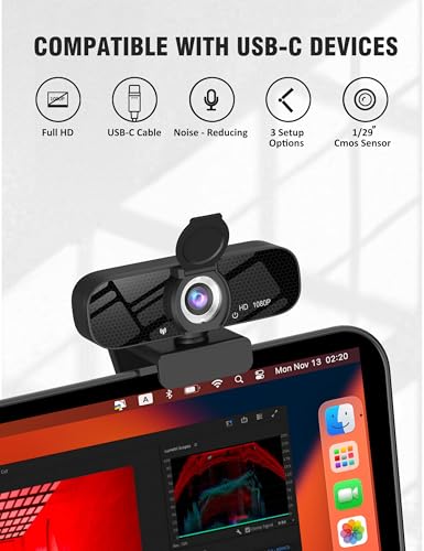 Gowzmnd HD 1080P Webcam with Built-in Microphone and Rotatable Tripod, 1080P Video and Wide Angle Camera, Privacy Cover, for Desktop PC or Laptop Computer （Black）