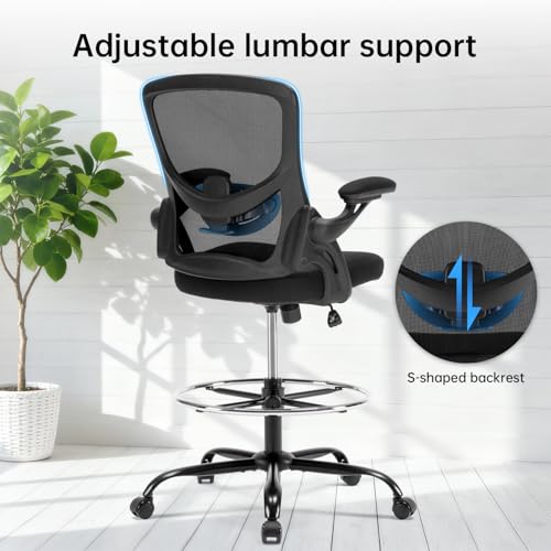 Heromate Drafting Chair Ergonomic Comuputer Standing Desk Chair with Flip-Up Arms and Lumbar Support, Tall Office Chair with Adjustable Footrest, Stool Counter Height Office Chairs Black
