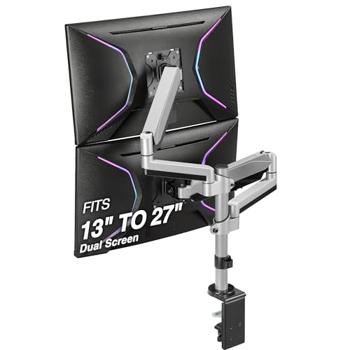AVLT Dual 13 to 27 in Stacked Monitor Arm Desk Mount, Fits Two Flat or Curved Screens, Full Motion Height Adjustable Swivel Tilt Rotation, VESA C-Clamp Grommet Cable Management