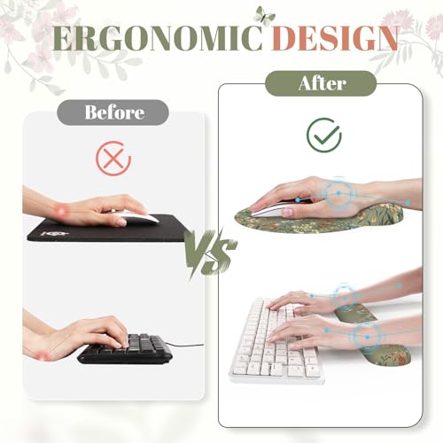 iCasso Desk Mat Set,Large Mouse Pad with Wrist Rest,Ergonomic Keyboard Wrist Support for Women,Girly Floral Computer Mat with Scalloped Edges,Non-Slip Desk Pad Home Office Gaming (Green)