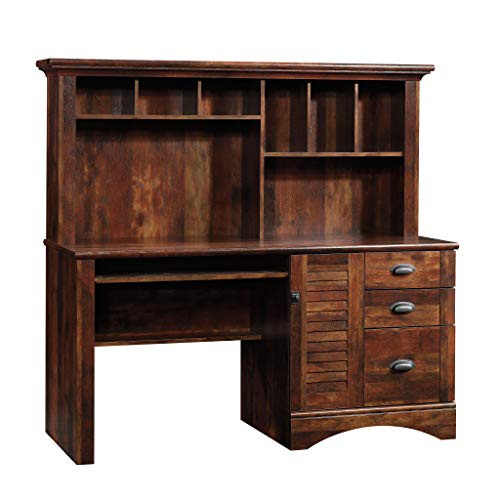 Sauder Harbor View Home Office Computer Desk with Hutch, Keyboard Tray, in Curado Cherry finish