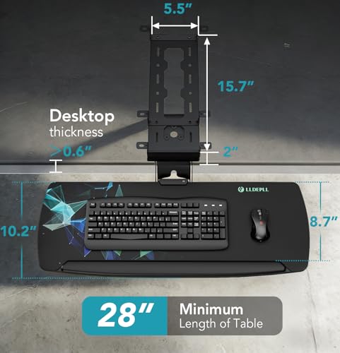 LLDEPLL Keyboard Tray Under Desk with Storage Drawer, Height Adjustable Keyboard Tray Slide Out 360° Swivel Tilt, Ergonomic Under Desk Mount Keyboard & Mouse Pad Lighting for Gaming Home Office