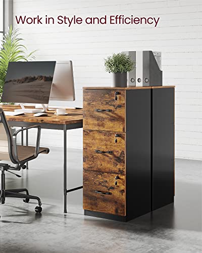 VASAGLE Custos Collection File Cabinet, 3 Drawer Filing Cabinet for Home Office, with Wheels, for A4, Letter Sized Documents, Hanging File Folders, Rustic Brown UOFC055KD01