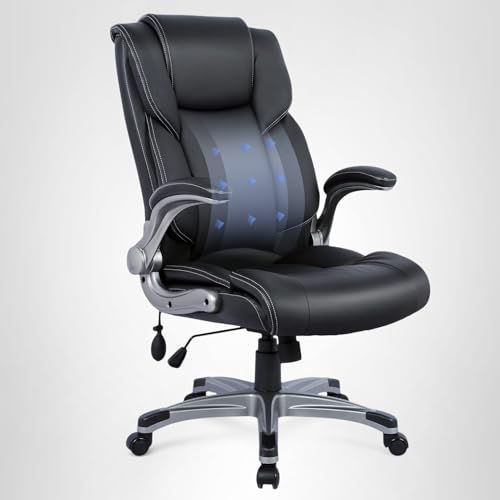 COLAMY High Back Executive Office Chair - Padded Leather Ergonomic Computer Desk Chair with Inflatable Lumbar Support & Flip-Up Arms, Adjustable Tilt Lock Swivel Task Chair for Home Office, Black