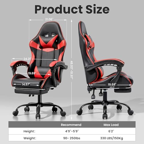 Ray Bear Gaming Chair, Ergonomic Computer Chair with Footrest and Lumbar Support, Height Adjustable Office Chair with 360° Swivel Seat and Headrest (Red & Black)