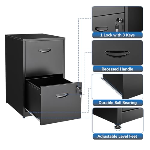 Polup 2 Drawer File Cabinet with Lock, Metal File Cabinets for Home Office, Two Drawer Locking Filing Cabinet, Small File Cabinet for Under Desk for Hanging Letter Size, Black, Assembly Required