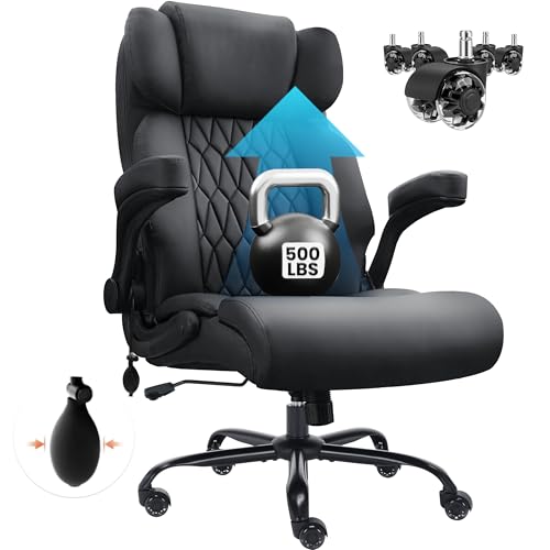 500lbs Big and Tall Office Chair Adjustable Lumbar Support for Back Pain, Extra Wide Seat Executive Office Chair Thick Armrest Pad, Heavy Duty Base&Upgraded Wheels, Ergonomic Comfy Computer Desk Chair