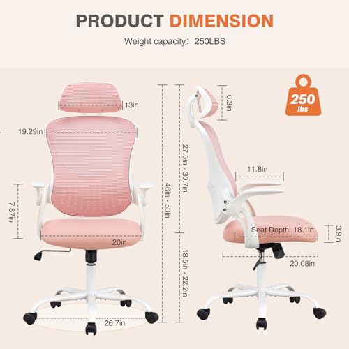 Sweetcrispy Office Computer Desk Chair, Ergonomic High-Back Mesh Rolling Work Chairs with Wheels and Adjustable Headrests, Comfortable Lumbar Support, Comfy Flip-up Arms for Home, Bedroom, Study, Pink