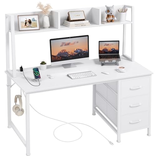 DLisiting White Computer Desk with Hutch & Drawers - 47 Inch Modern Study Writing Office Desk with 3 Storage Drawers and Power Outlets for Bedroom Home Office