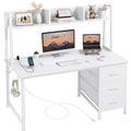 DLisiting White Computer Desk with Hutch & Drawers - 47 Inch Modern Study Writing Office Desk with 3 Storage Drawers and Power Outlets for Bedroom Home Office