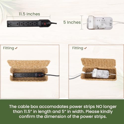 Cable Management Box, Handmade Rattan Cable Organizer with 2 Open Slots, Cord Hider for Power Strip, Router & USB Hub, Registered U.S. Design Patent (D1,112,102), 13" x 5.1" x 5.1", Natural
