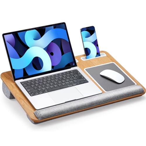 HUANUO Lap Desk - Fits up to 17 inches Laptop Desk, Built in Mouse Pad & Wrist Pad for Notebook, Laptop, Tablet, Lap Stand with Tablet, Pen & Phone Holder, Wood Grain