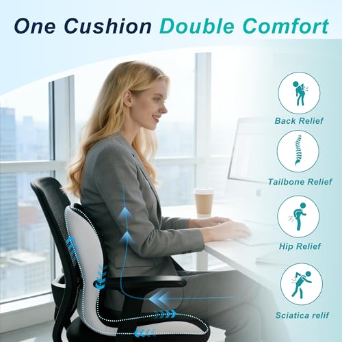 BANKQF Seat Cushion for Office Chair and Car, Lumbar Support Pillow for Office Chair, Memory Foam Ergonomic Seat Cushion for Long Sitting, Back & Tailbone Pain, Sciatica - Dark Gray & Light Gray