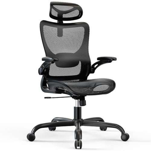Marsail Ergonomic Mesh Office Chair High Back Home Office Desk Chair with Adaptive Lumbar Support, 2D Headrest, 3D Flip-Up Armrests, Height Adjustable and Rocking Tilt for Home Office and Gaming
