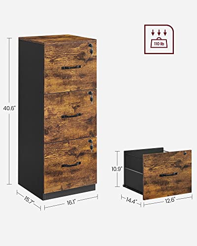 VASAGLE Custos Collection File Cabinet, 3 Drawer Filing Cabinet for Home Office, with Wheels, for A4, Letter Sized Documents, Hanging File Folders, Rustic Brown UOFC055KD01
