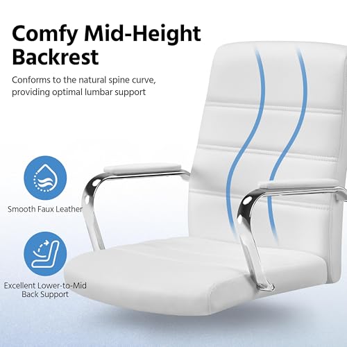 Yaheetech Office Desk Chair Mid-Back Leather Computer Chair Height Adjustable Ergonomic Executive Chair w/Lumbar Support Comfy Thick Padded Armrests and Seat, White