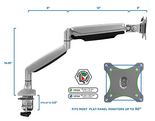 Mount-It! Single Monitor Arm Desk Mount with Gas Spring, Height Adjustable Monitor Stand for 13–32 Inch Screens up to 20 lbs, VESA 75x75 & 100x100, C-Clamp & Grommet, Sit-Stand Desk Compatible