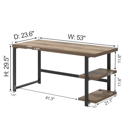 FOLUBAN Computer Desk, Modern Home Office Desk with Storage Shelves, Writing Study Gaming Table for Living Room Bedroom, Rustic Oak, 53 Inch