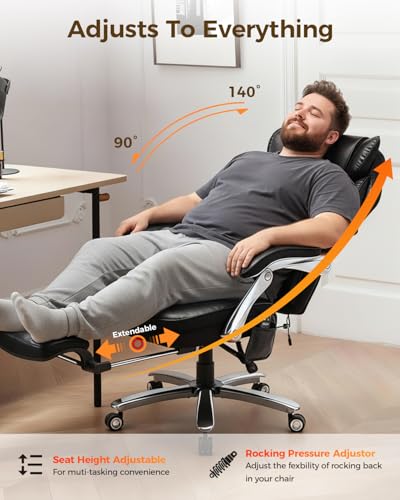 600LBS Big and Tall Office Chair with Massage and Heat, 23.5" Wide Leather Office Chair with Back Support, Ergonomic Comfort 140° Reclining Desk Chairs Managerial Chairs for Heavy People