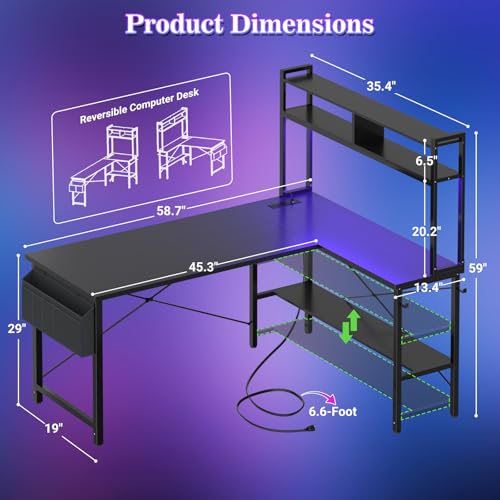 Aheaplus L Shaped Desk Gaming Desk, 59" L Shaped Computer Desk with LED Light & Power Outlet, Reversible Home Office Desk Gamer Desks with Shelves & Storage Bag & Hooks, Corner PC Desk, Black