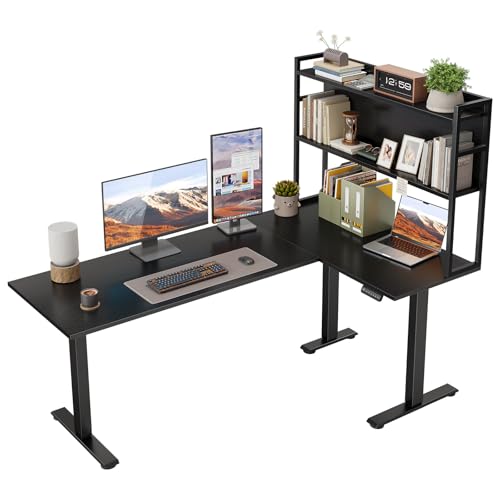 OffiGo L Shaped Electric Standing Desk, 63 Inch Reversible Corner Stand up Table with Hutch, Height Adjustable Ergonomic Large Lift Table for Home Office, Workstation, Black
