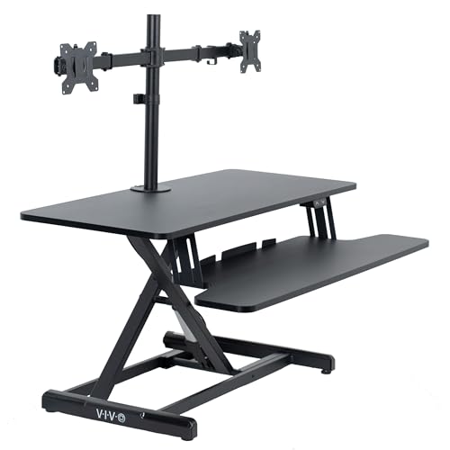 VIVO Electric Height Adjustable 36 inch Standing Desk Converter with Dual Monitor Stand for 13 to 30 inch Screens, Sit Stand Monitor Mount and Desk Riser, Black, DESK-KIT-VE36B2