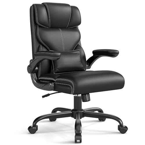 Executive Office Chair with Flip-up Armrests,Ergonomic Computer Desk Chairs,Mid-Tall Back Leather Office Chair,Lumbar Support Swivel PC Chair with Rocking Function