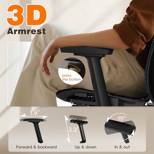 GABRYLLY Ergonomic Office Chair with Footrest, 135° Reclining Desk Chair with Adjustable Lumbar Support,3D Armrest,Headrest & Large Steel Base, 300LBS Heavy Duty Mesh Chair