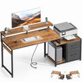 AODK Computer Desk with Printer Storage Shelf, 56 Inch Office Desk with Drawers & Power Outlet, Reversible Desk Space-Saving Workstation with Individual PC Stand, Rustic Brown